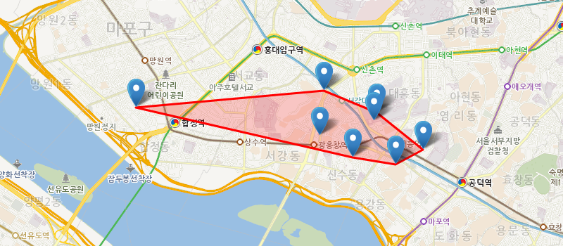 기본 컨트롤이 제공된 지도 이미지 - 최외각 마커 폴리곤