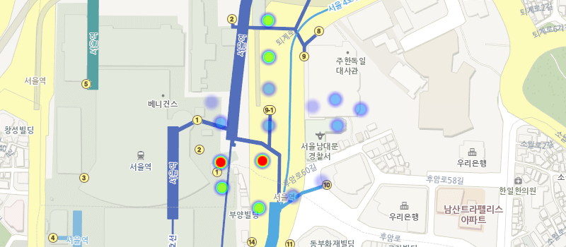 기본 컨트롤이 제공된 지도 이미지 - 열지도 조절
