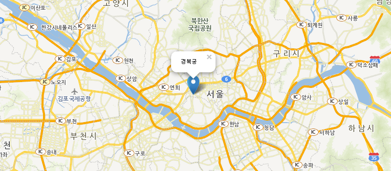 기본 컨트롤이 제공된 지도 이미지 - 마커 인포윈도우