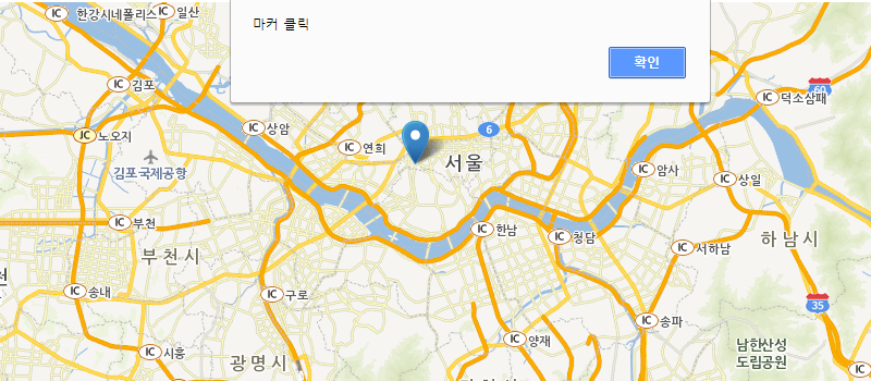 기본 컨트롤이 제공된 지도 이미지 - 마커 클릭 이벤트