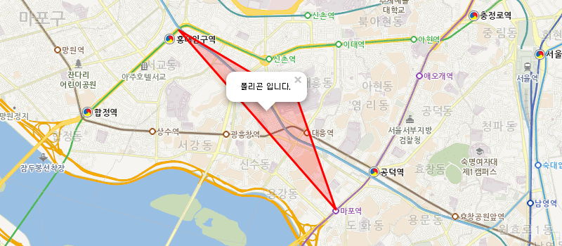 기본 컨트롤이 제공된 지도 이미지 - 폴리곤