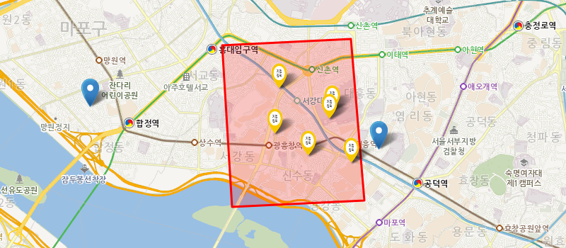 기본 컨트롤이 제공된 지도 이미지 - 폴리곤 안의 마커 찾기