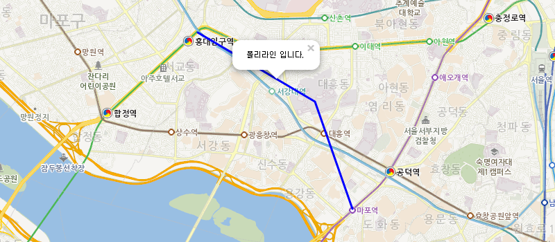 기본 컨트롤이 제공된 지도 이미지 - 폴리라인