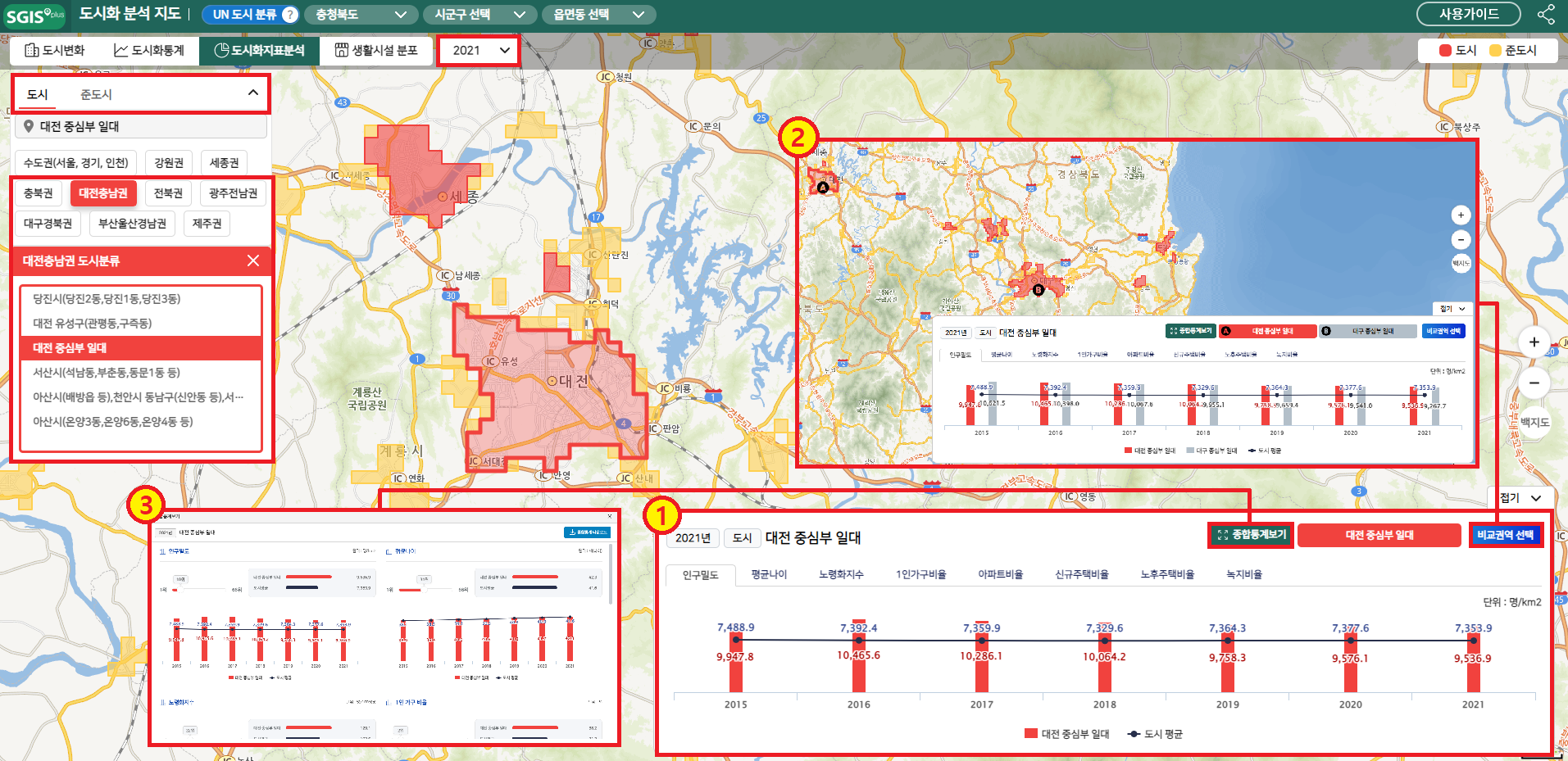 도시화 지표 분석지도 화면