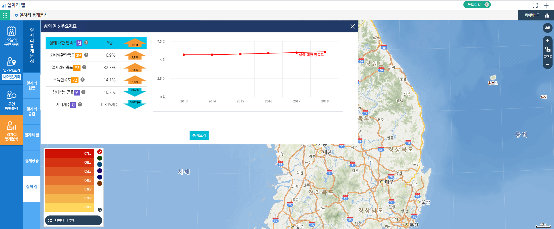 일자리 통계분석 삶의질 기본 조회 화면