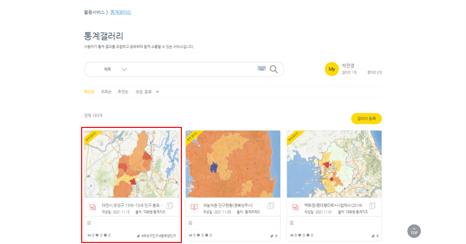 갤러리 등록결과 확인하기 - 통계갤러리 메인화
